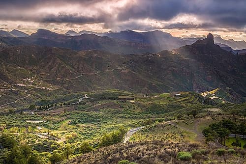Spain-Canary Islands-Gran Canaria Island-Tejeda-mountain landscape with Roque Bentayga Landscape Print